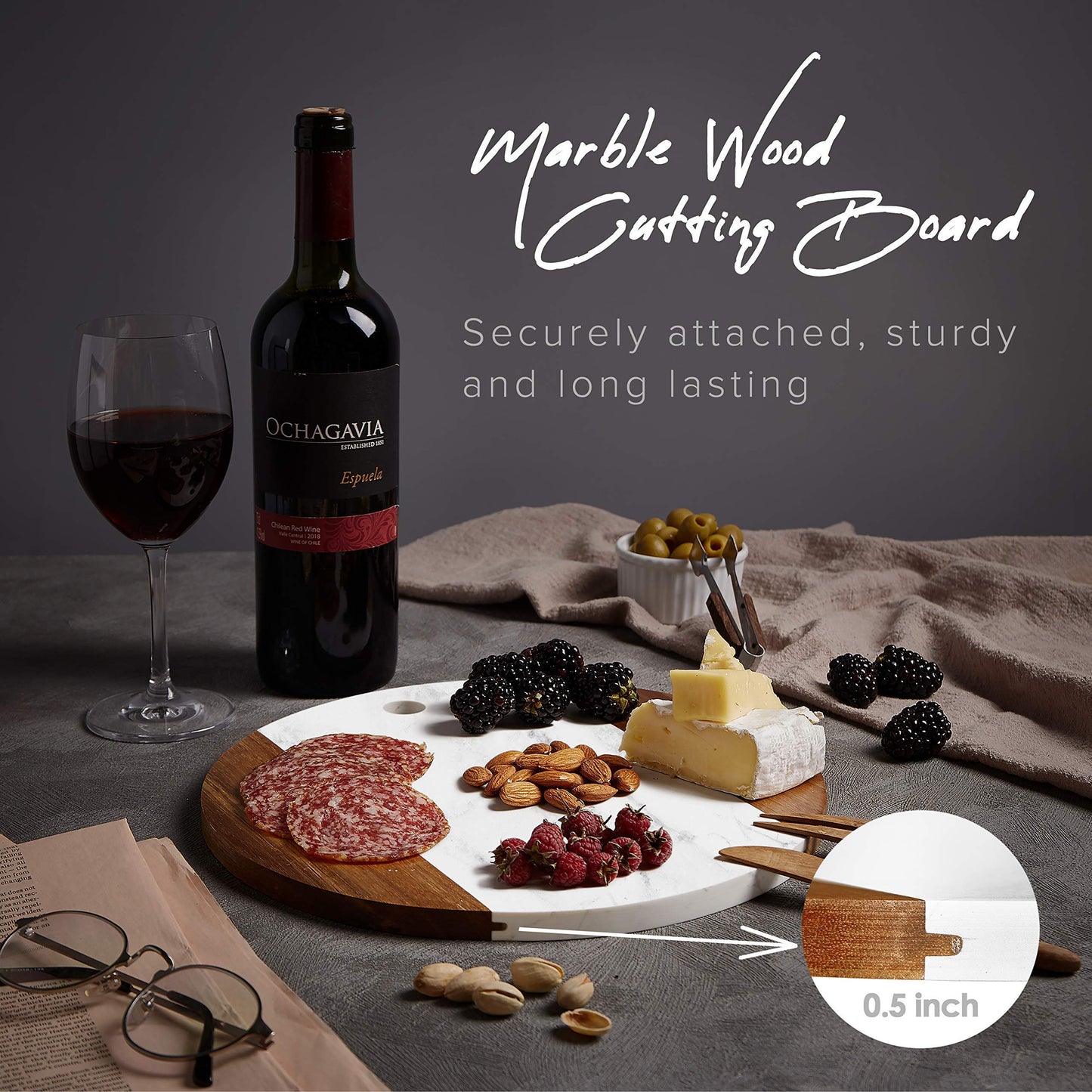 Marble Cheese Board with Acacia Accent 12" Round - Beautifully Handcrafted Charcuterie Board for Two - Round Cutting Board - Wonderful Housewarming Gift 11x11x0.6 inches