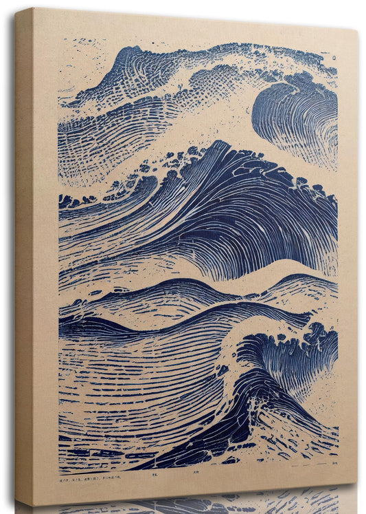 Japanese Waves Canvas Wall Art,Abstract Minimalism Painting Picture Wall Decor,Vintage Blue Poster Print Artwork for Living Room Dining Room Bathroom Bedroom Study Home Decoration 12x16in