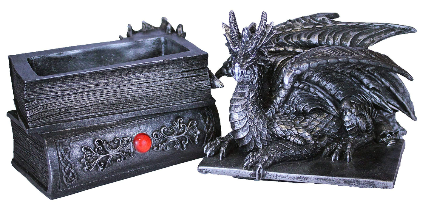 Guardian of Bibliophiles Stone Finish Dragon on Books Resin Trinket Box with Hidden Compartment - Gothic Medieval Dresser Decorative Accent - 8 Inches High