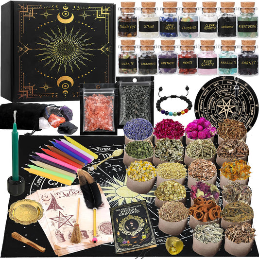 FLgengmh 90 PACK Witchcraft Kit for Beginners, Wiccan Supplies and Tools with Crystals Candles, Witch Altar Spell Set for Rituals,Energy Cleansing, Dried Flowers for Crafts, Witchy Gifts Box for Women