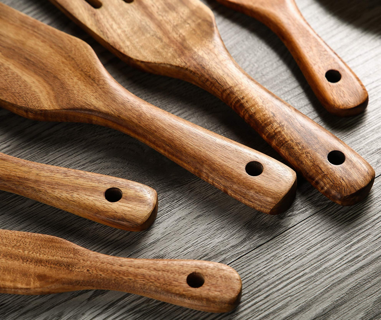 Wooden Spurtle Set, NAYAHOSE 5 Pcs Natural Teak Kitchen Utensil Set Heat Resistant Non Stick Wood Cookware with Hanging Hole, Slotted Spurtle Spatula Sets for Stirring, Mixing, Serving