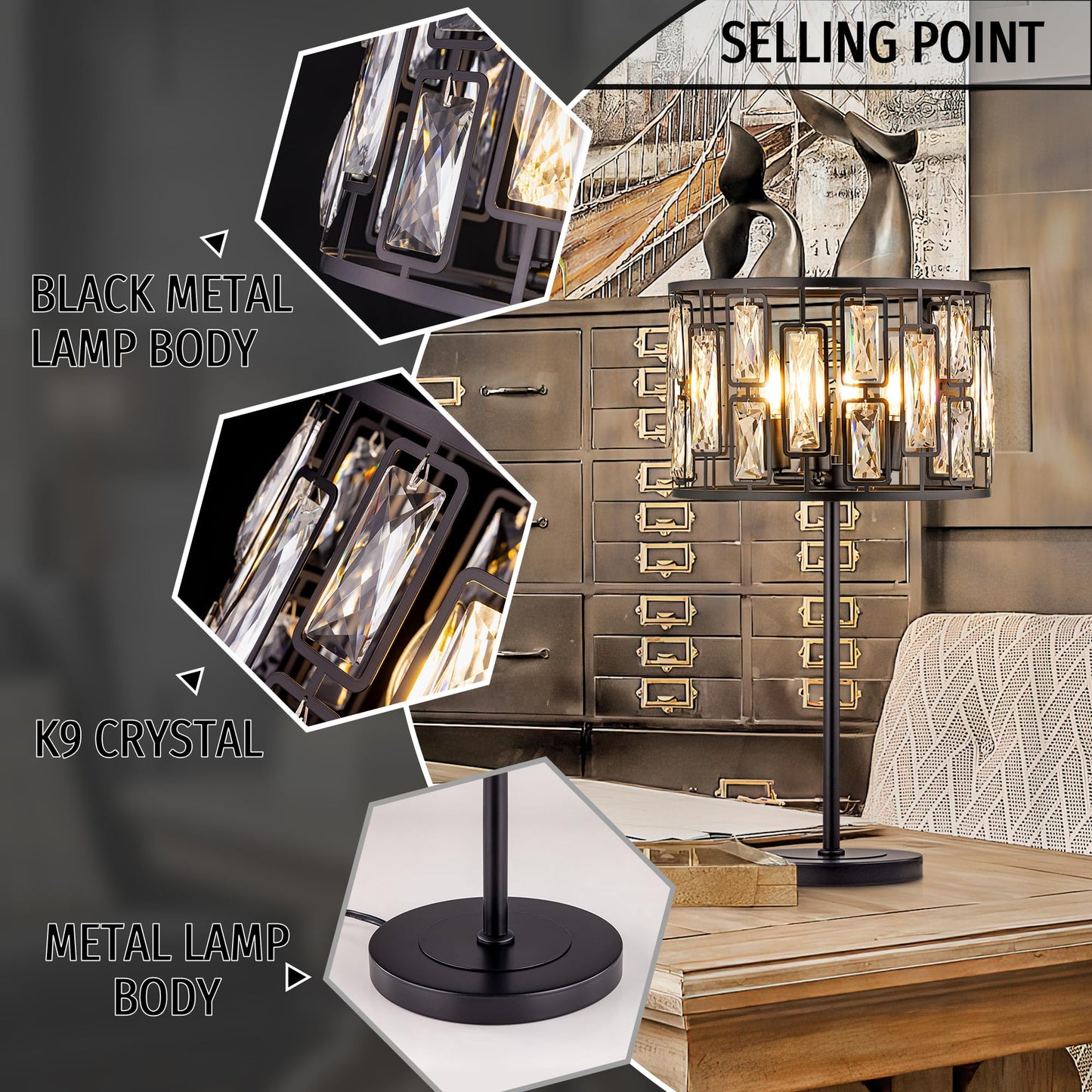 Wellmet 4 Lights Crystal Bedside Table Lamp, 26" Tall Bedroom Lamp