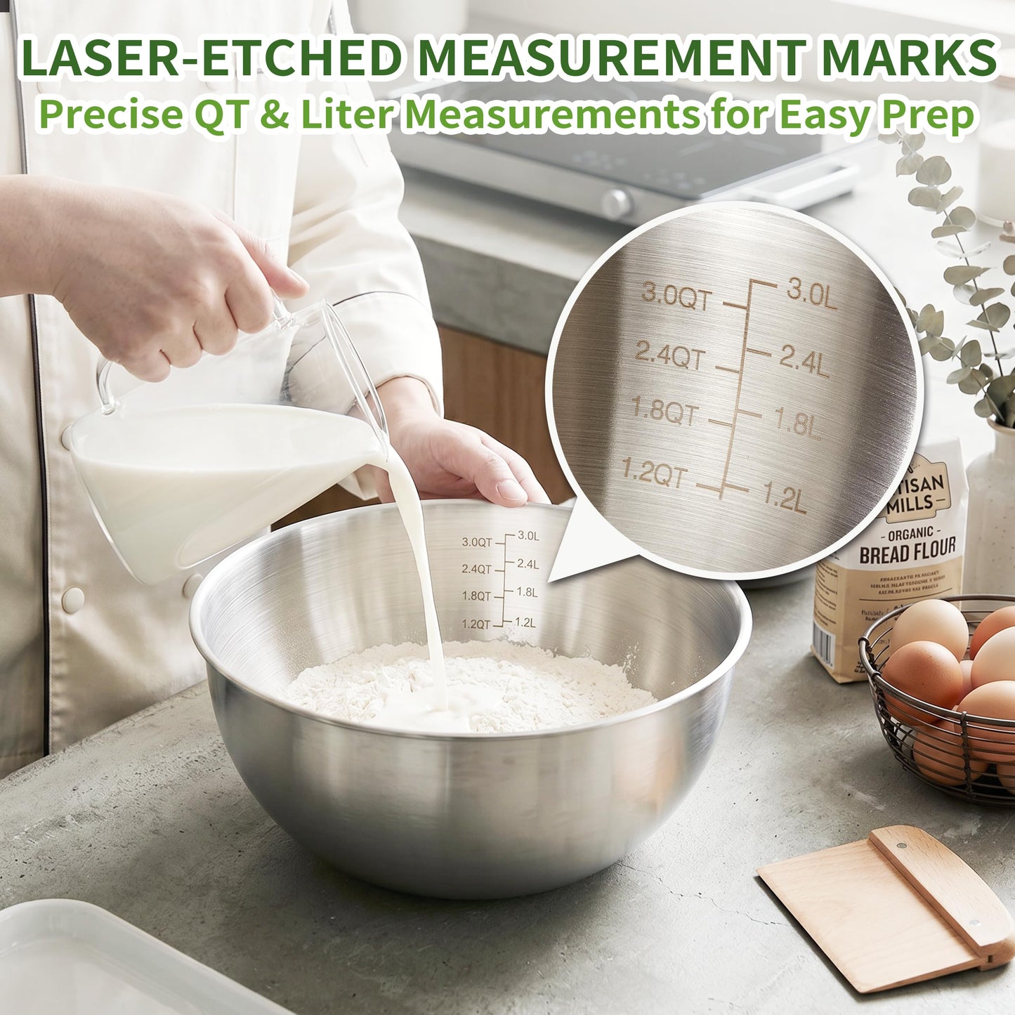 Bitwav 304 Stainless Steel Mixing Bowls Set of 5, 1.1/1.6/1.9/2.5/3.5 QT Food Grade Metal Bowls with Measurement Marks, Dishwasher Safe & Stackable Nesting for Baking, Salads, Meal Prep, RV & Camping