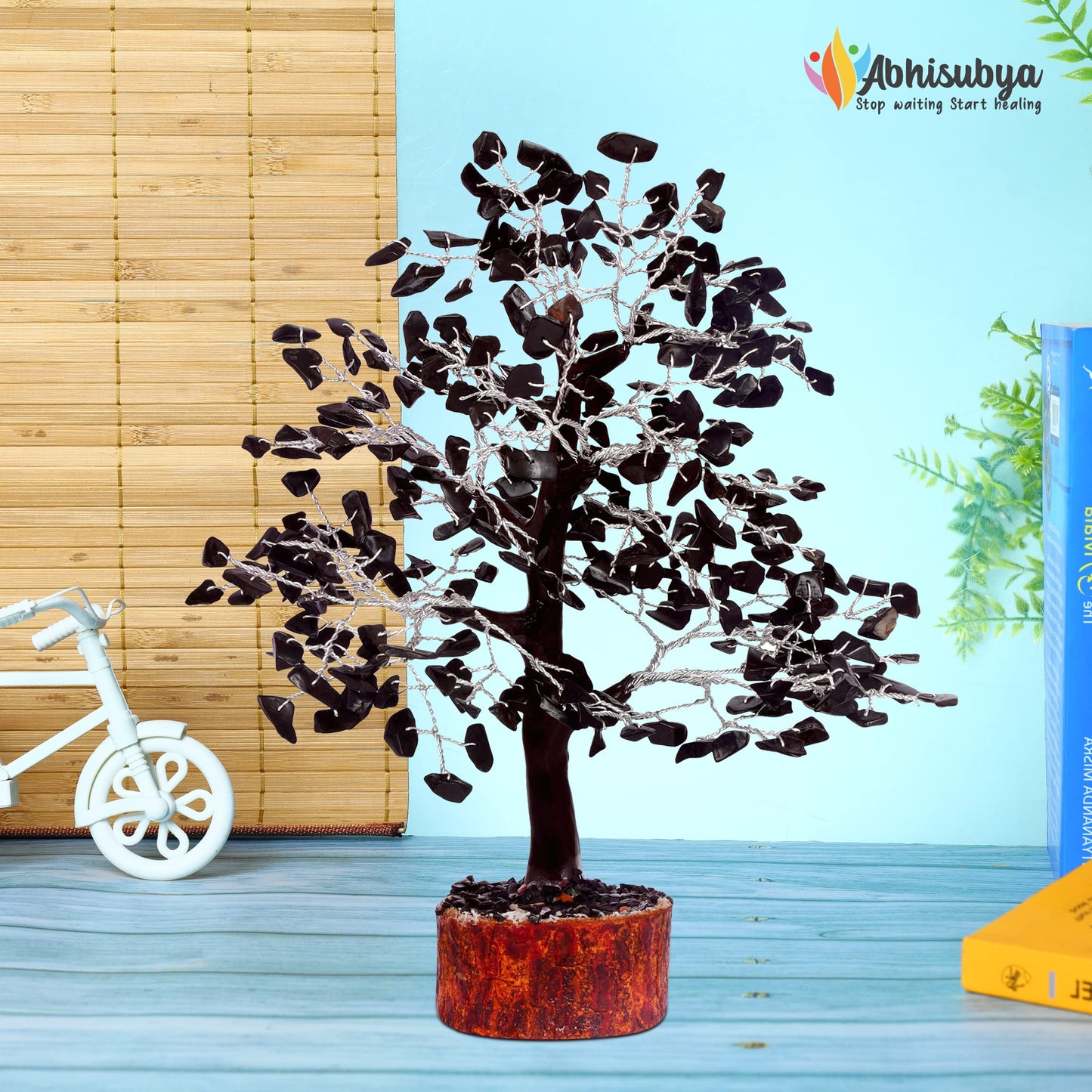 ABHISUBYA Black Tourmaline Silver Wire Handmade Crystals and Healing Stone Natural Gemstone Fortune Bonsai Money Tree | Good Luck | Wealth | Prosperity | Home Office Decor | Spiritual Gift | Feng Shui