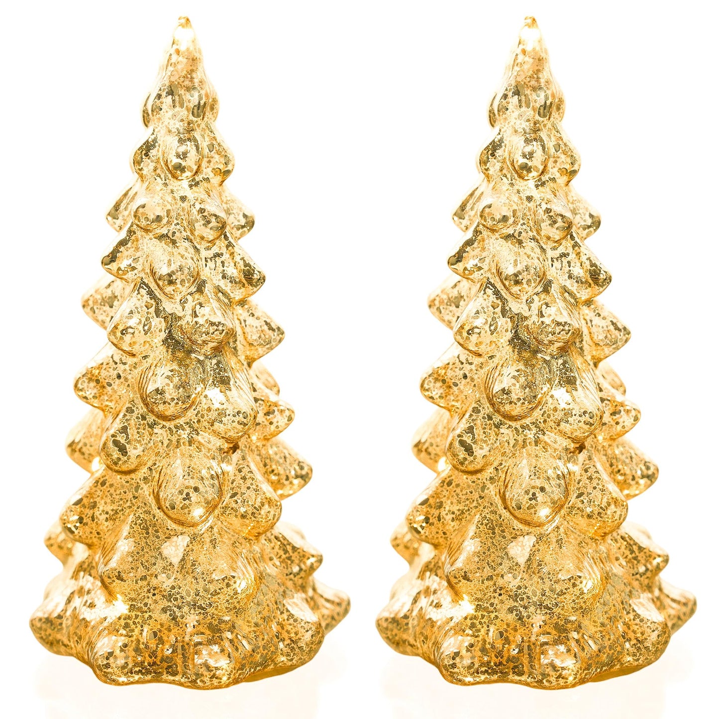 vskikris Set of 2 Mercury Glass Christmas Tree Set Gold Glass Christmas Trees Collectible Figurines with Led Indoor Table Centerpiece Decorations Mantel Gift