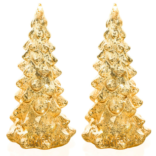 vskikris Set of 2 Mercury Glass Christmas Tree Set Gold Glass Christmas Trees Collectible Figurines with Led Indoor Table Centerpiece Decorations Mantel Gift