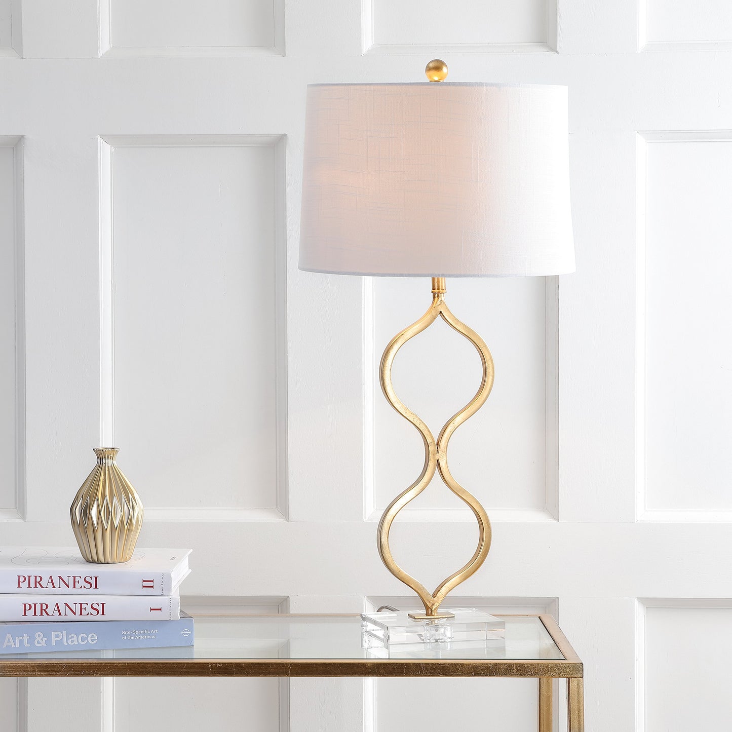 JONATHAN Y 31.5" Gold Curved Metal and Crystal Table Lamp, Modern Glam Bedside Lamp with White Linen Drum Shade for Living Room and Bedroom, LED Bulb Included JYL3028A