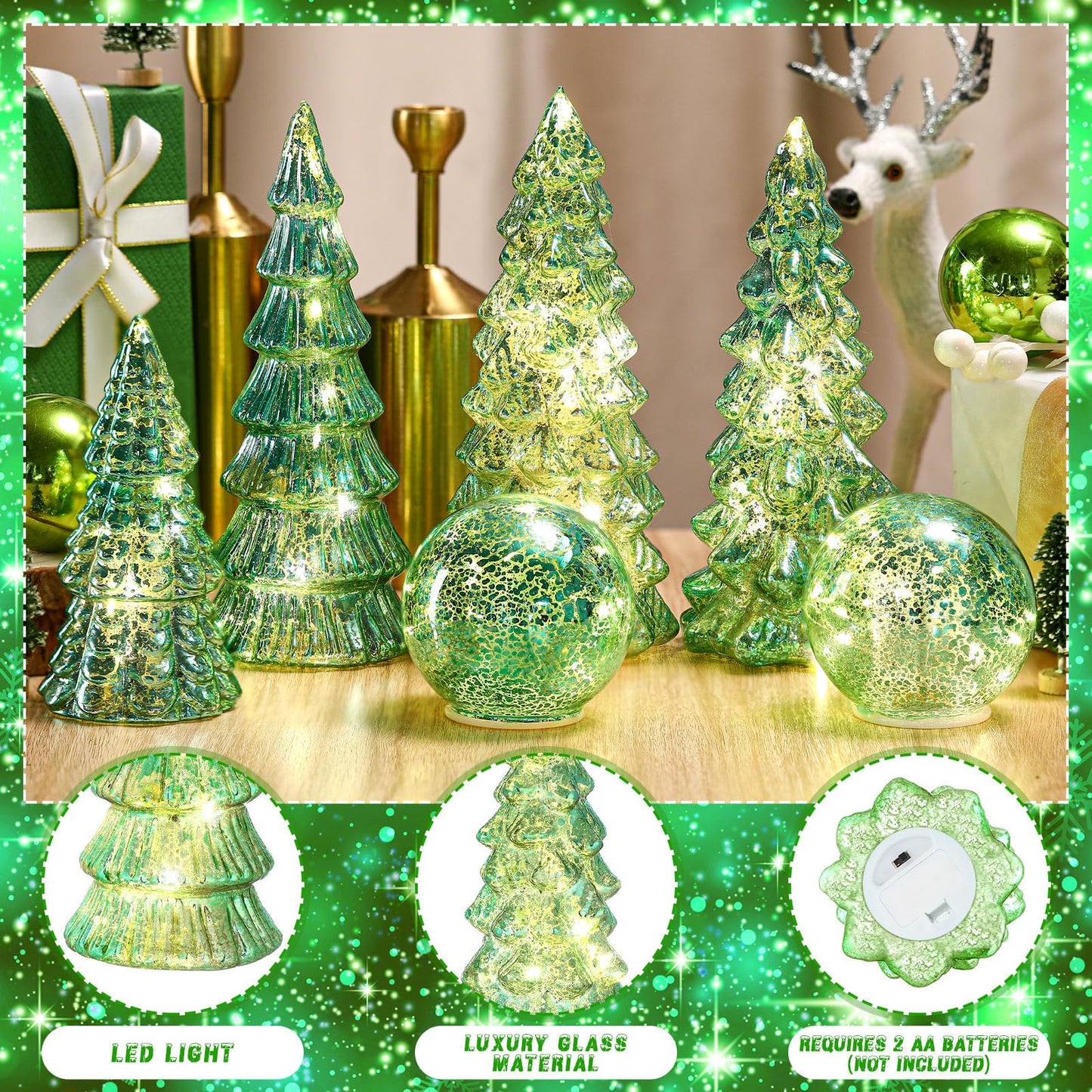 Syhood 6 Pcs Sage Green Mercury Glass Christmas Tree for Tabletop Light up Figurine Christmas Tree Mercury Cracked Glass Globe with Light for Xmas Decor Home Party Centerpiece Mantel Gift