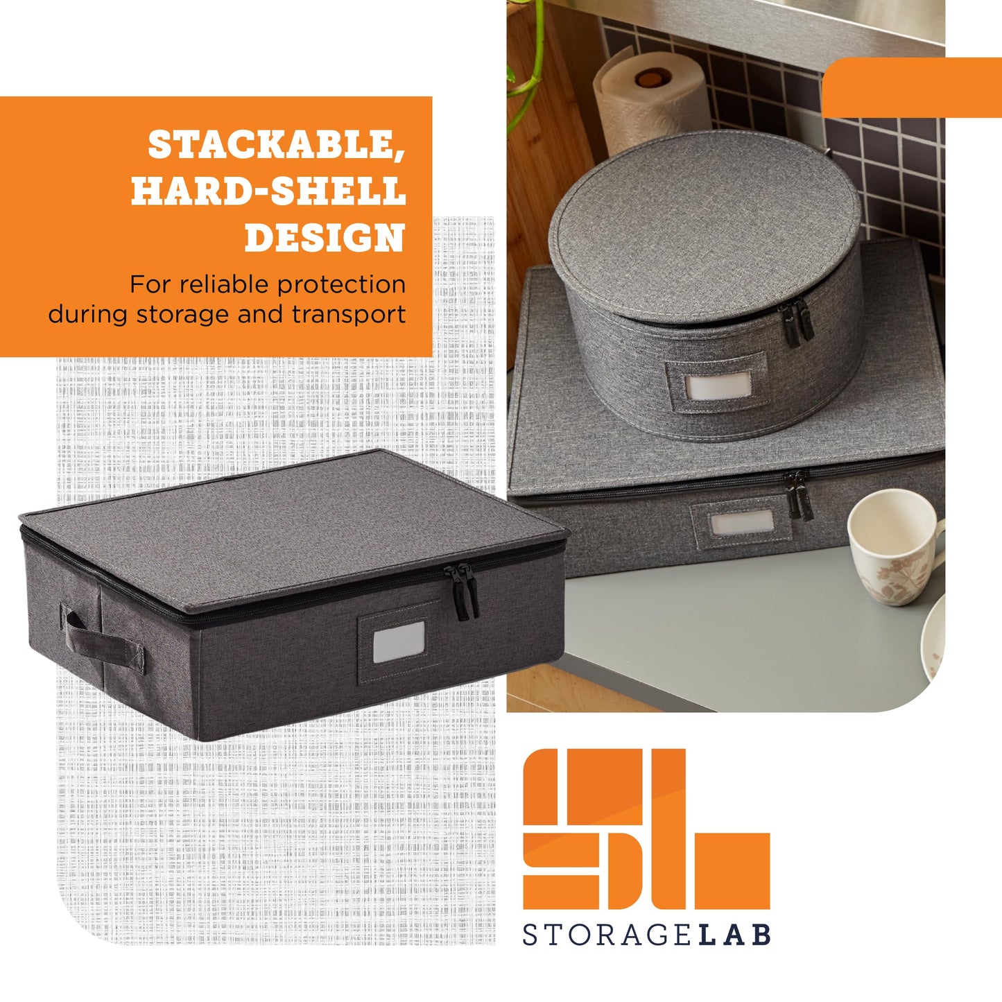 storageLAB Cup and Mug Storage Containers, Hard Shell Storage Case with Felt Dividers for Cups, Mugs, Dishes, and Glasses, Ideal for Kitchen Organizing and Moving Supplies - 1 Pack, Gray