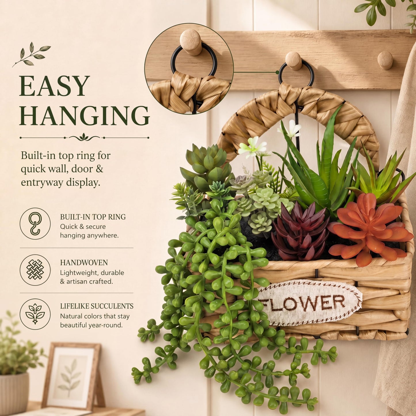 Gresorth 9 Pcs Fake Succulents Hanging Assorted Plants in Woven Basket Artificial Succulent Plant Arrangement Faux String of Pearls Aloe Aeonium Decoration Cabinet Shelf - 8.8 Inch