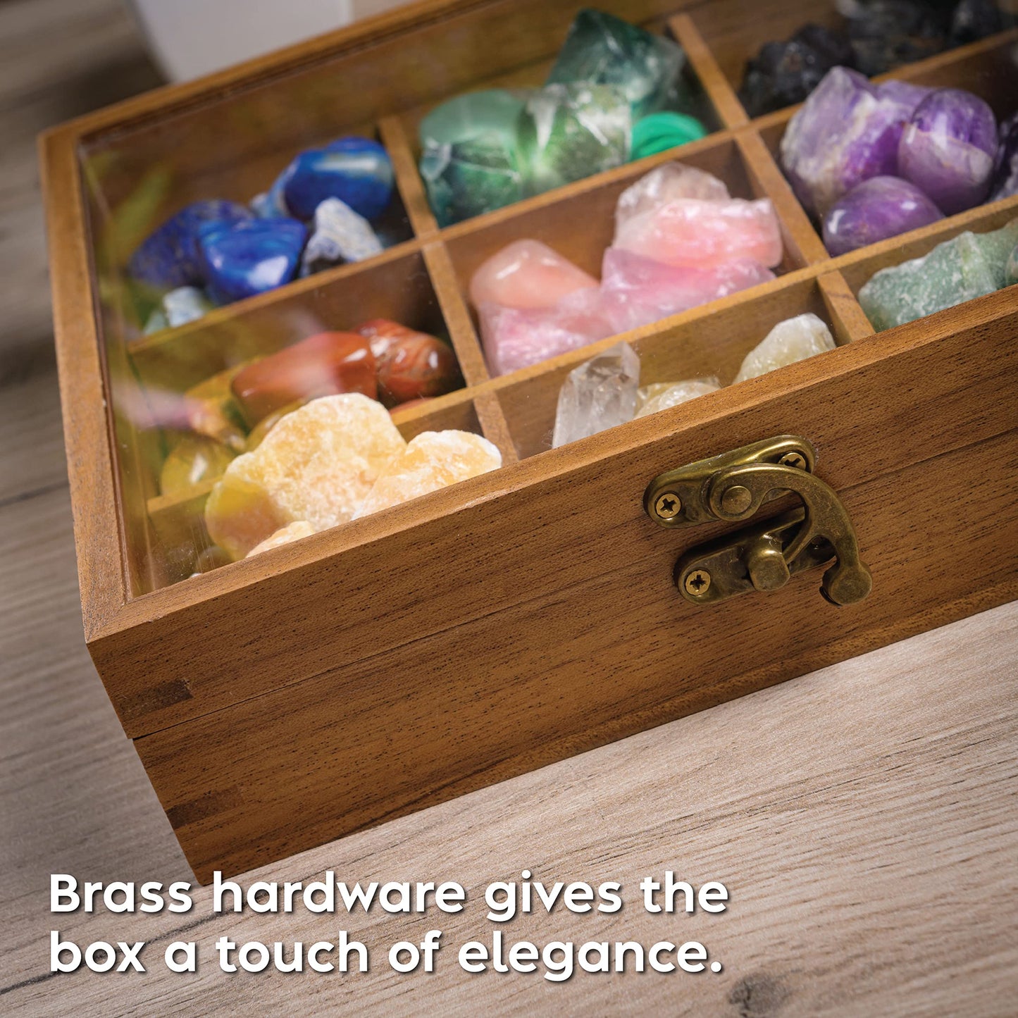 Curawood Rock Display Case - 8" x 8" Rock Collection Box for Kids & Adults - Crystal Holder for Stones Display Shelf with 9 Compartments & Acrylic Lid - Gemstone & Crystal Storage Box Organizer