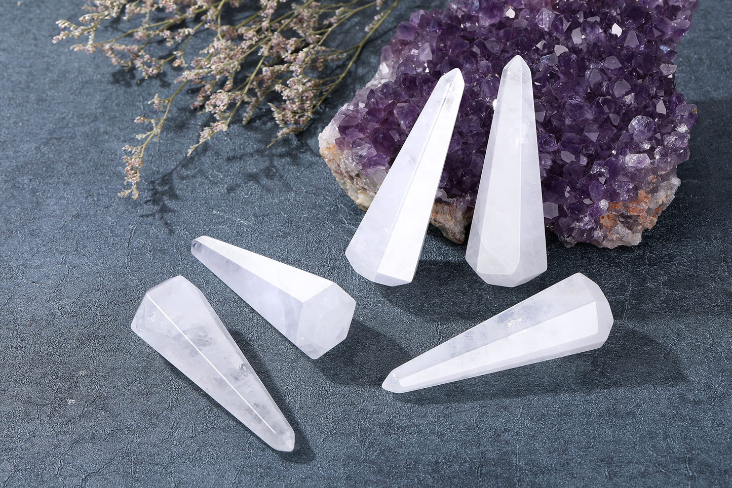 Jovivi Crystal Ring Holder Tower - Natural Clear Quartz Stone Jewelry Display Stand - Hexagon Prism Shaped Decorative Wedding Storage for Finger Rings