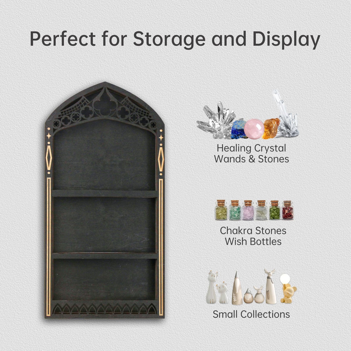 Gothic Crystal Shelf Display for Wall, Wooden Trinket Shelf Rock Gem Healing Stone Display Shelf Wall Mounted, Crystal Holder Trinket Organizer Knick Knack Shelf, Gothic Witchy Decor Gifts for Women