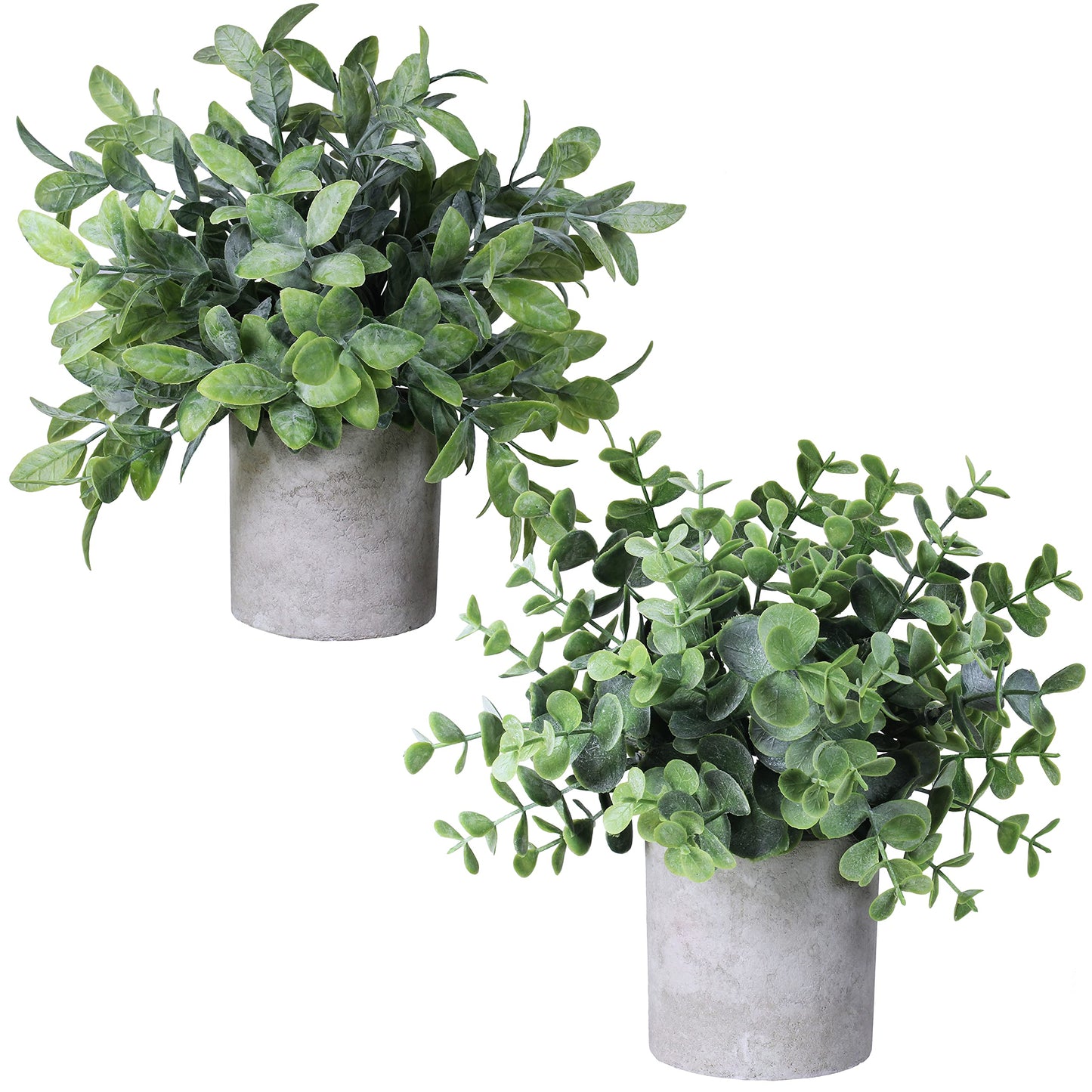 Winlyn Set of 2 Faux Mini Potted Plants Artificial Eucalyptus Boxwood Plants in Pots Fake Greenery Arrangement for Rustic Farmhouse Indoor Table Centerpiece Mantel Shelf Kitchen Office Desk Decor