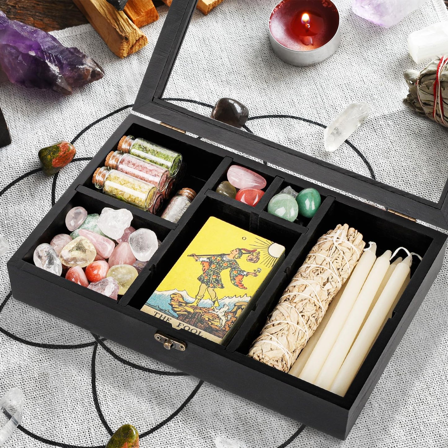 Mooncraftlogy Adjustable Rock Display Case, Crystal Collection Box with Shelves, Wood Witchy Stones Organizer Storage,Gem Holder with Lid for Seashell, Collectibles, Wiccan Gift for Women (Black)