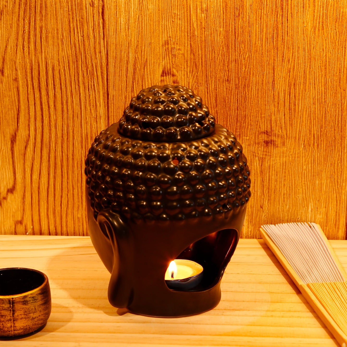 Omonic Porcelain Zen Garden Yoga Meditation Black Thai Buddha Head Statue Essential Oil Burner Home Decor (Black)