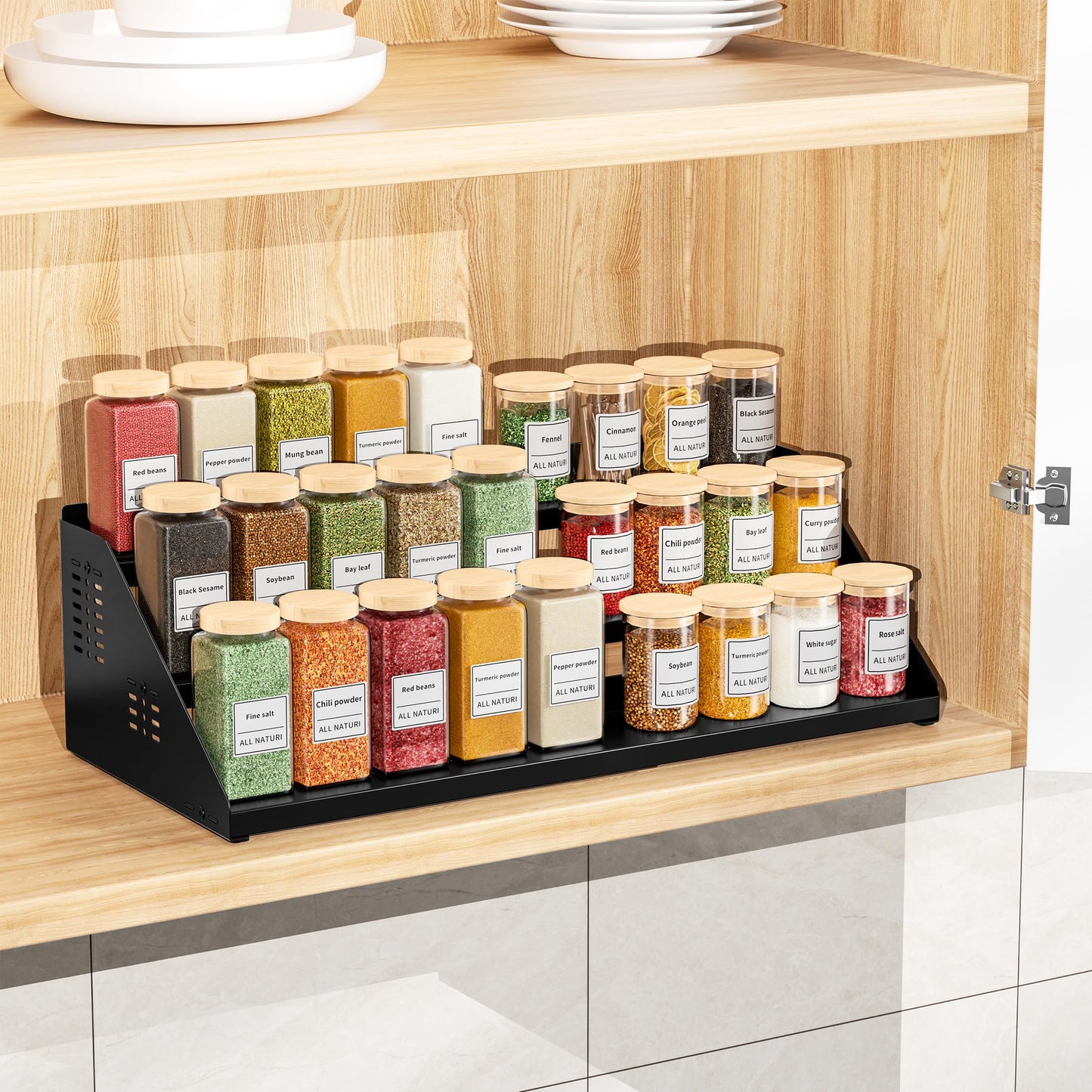 BOIVSHI Spice Organizer, Spice Rack for Expandable 3-Tier, Spice Organization for Cabinet Expandable Width and Adjustable Height, Seasoning Organizer for Cabinet, Countertop, Pantry, Black