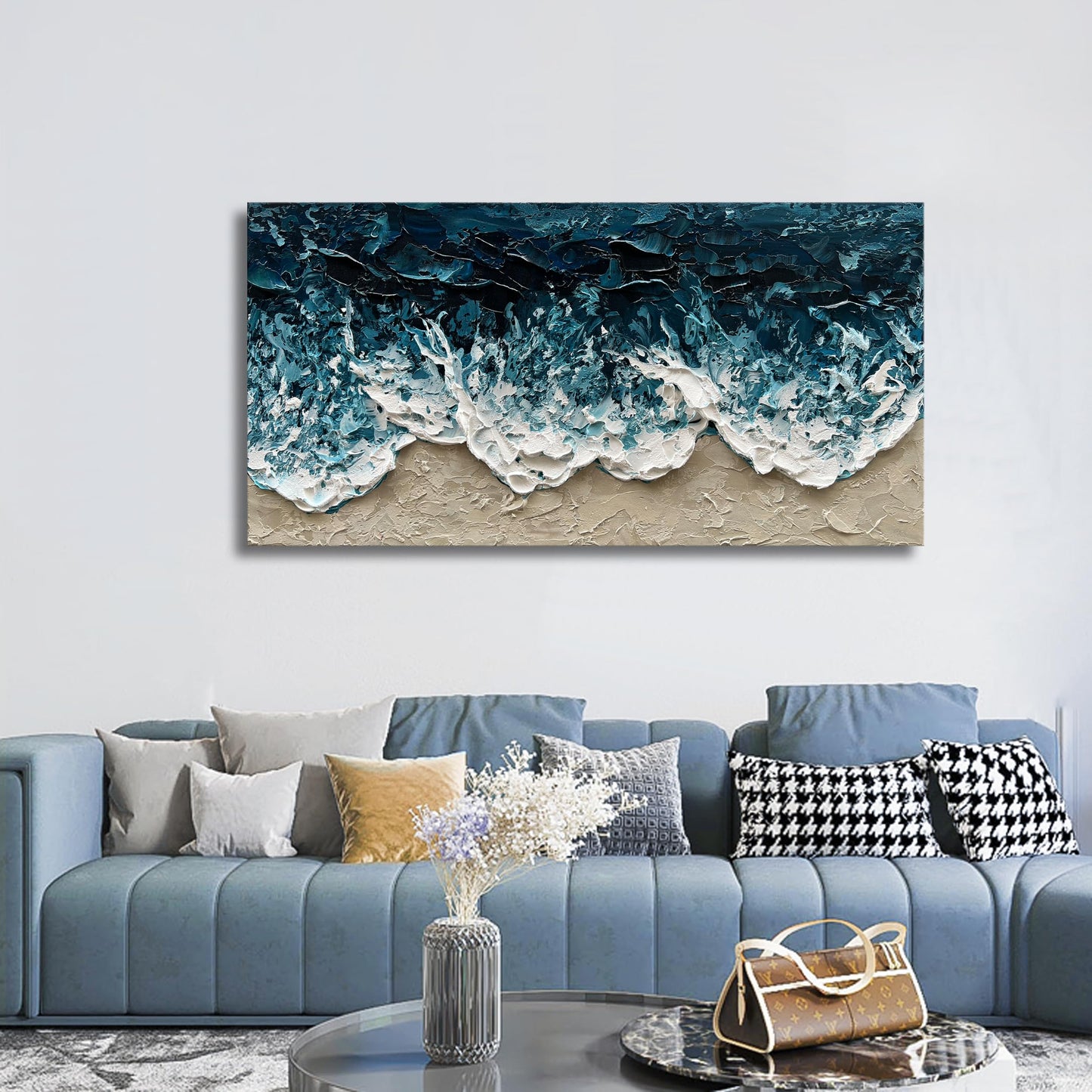 Diathou Art Hand-Painted Blue Ocean Beach Landscape Oil Painting Large Abstract Canvas Art Home wall Decoration 24x48 inches