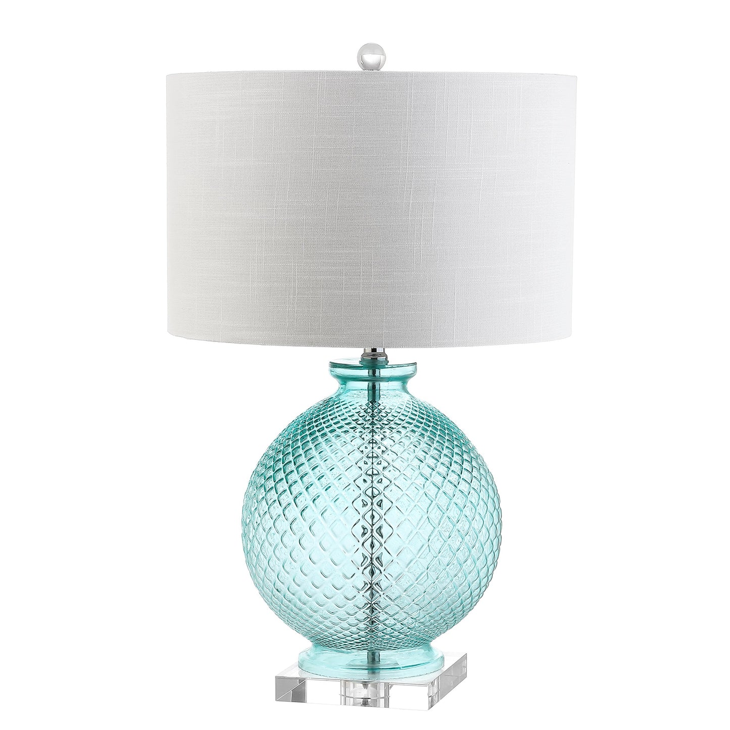 JONATHAN Y 26" Aqua Diamond-Etched Glass and Crystal Table Lamp, Coastal Transitional Bedside Lamp with White Linen Drum Shade for Living Room, LED Bulb Included JYL2003A