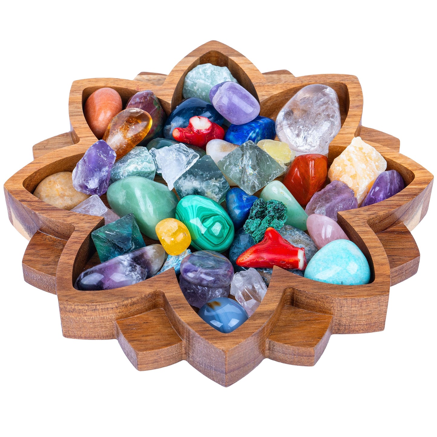 Curawood Lotus Crystal Display Tray - Showcase Your Gems, Healing Stones & Treasures - 8"x8" Wooden Rock Bowl, Crystal Holder for Stones Display Shelf, Gemstone Rock Holder Charging Bowl (Blossom)