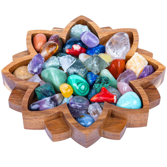 Curawood Lotus Crystal Display Tray - Showcase Your Gems, Healing Stones & Treasures - 8"x8" Wooden Rock Bowl, Crystal Holder for Stones Display Shelf, Gemstone Rock Holder Charging Bowl (Blossom)