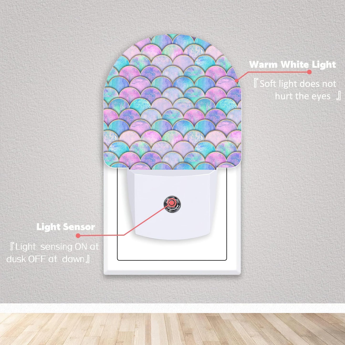 Axxitude Pink Mermaid Fish Scales Night Lights Plug into Wall for Girls Boys Room,Night Light LED Lamp Dusk to Dawn Sensor Round Lamp for Bedroom Bathroom Hallway Home Wall Decor