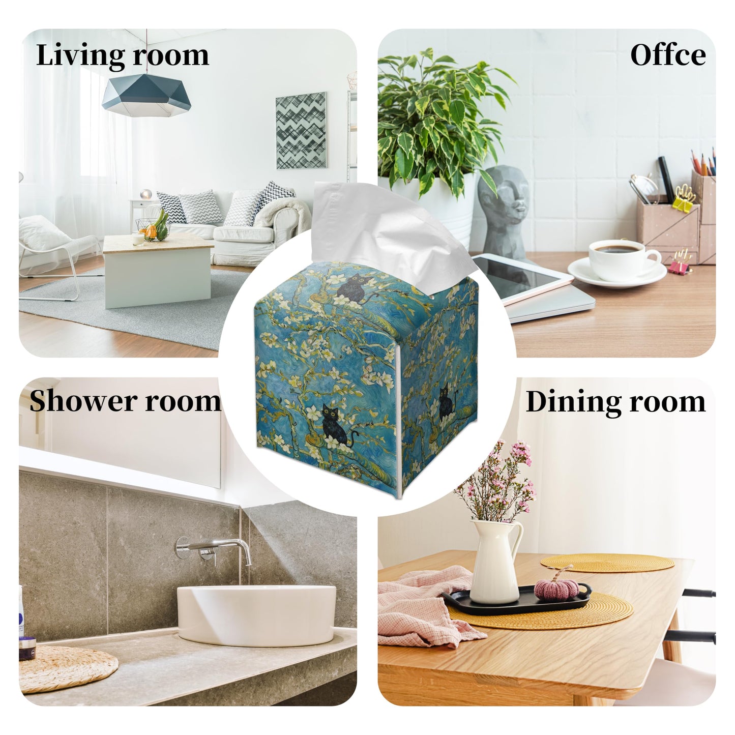 Grace Yonks Art Tissue Box Cover Square - Black Cat on Blossoming Branch Design 5.2" PU Leather Holder for Vanity, Desk, or Bathroom Counter - Cube Case for Facial Tissues. (122)