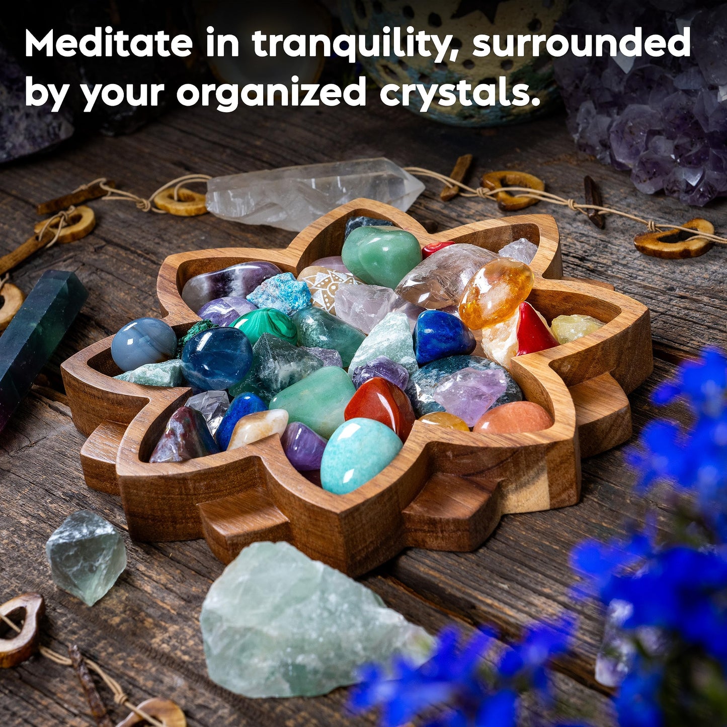 Curawood Lotus Crystal Display Tray - Showcase Your Gems, Healing Stones & Treasures - 8"x8" Wooden Rock Bowl, Crystal Holder for Stones Display Shelf, Gemstone Rock Holder Charging Bowl (Blossom)