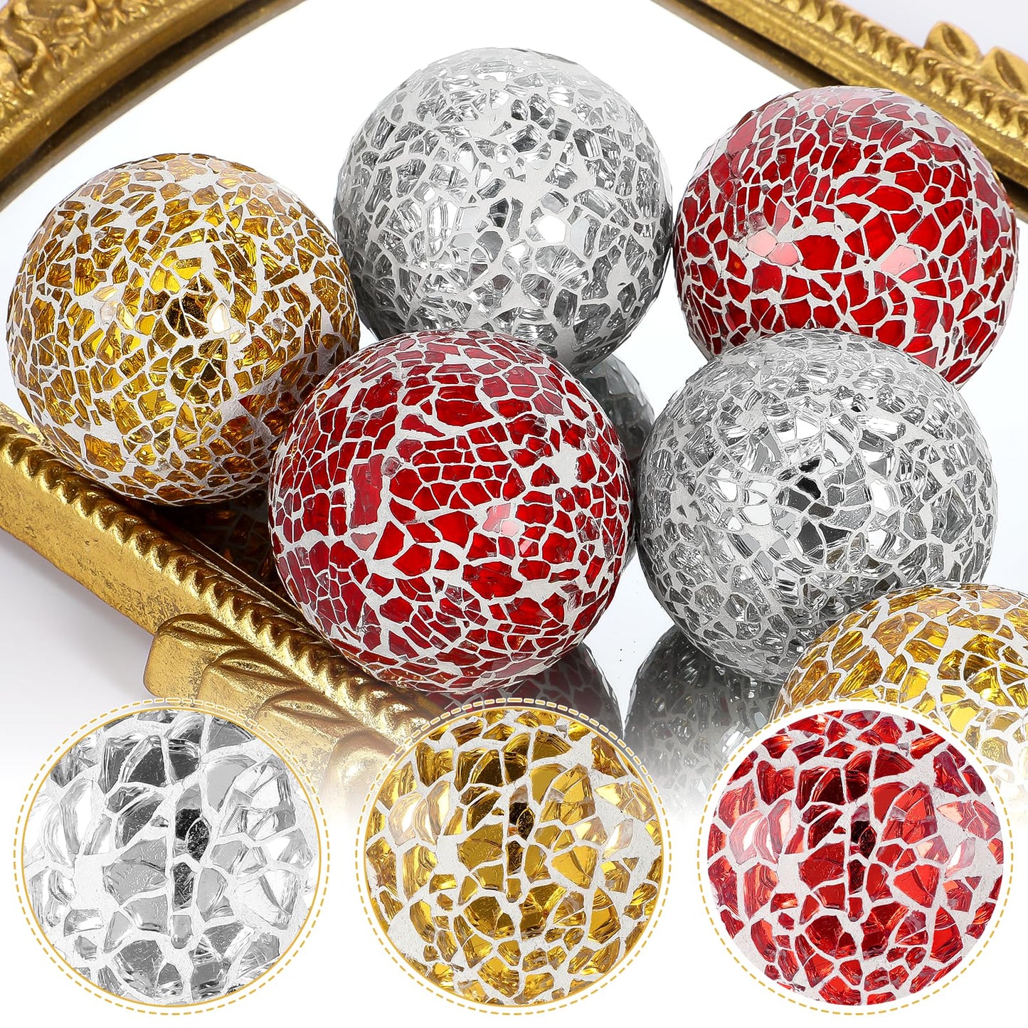 AOZUO 6 Pcs Decorative Balls for Bowls, 2.4 Inch Mosaic Sphere Balls Decorative, Mosaic Glass Orbs Centerpiece Balls Decoration for Vases Dining Table Home Living Room