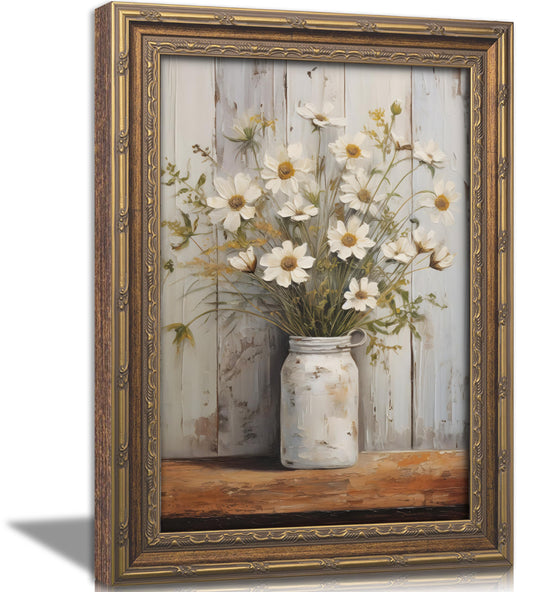 Vintage Gold Framed Daisy Vase Wall Art, White Floral Wall Decor