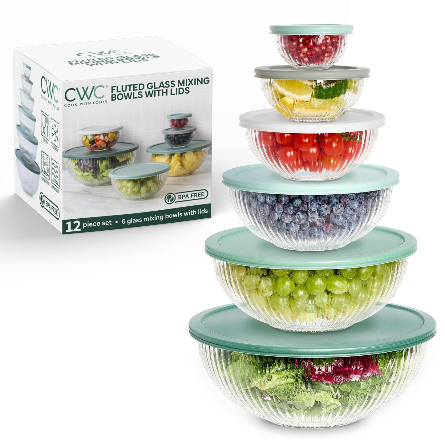 COOK WITH COLOR 12 Pc Glass Mixing Bowl Set with Lids – Borosilicate Glass Nesting Bowls for Cooking, Baking and Meal Prep, Fluted Sage