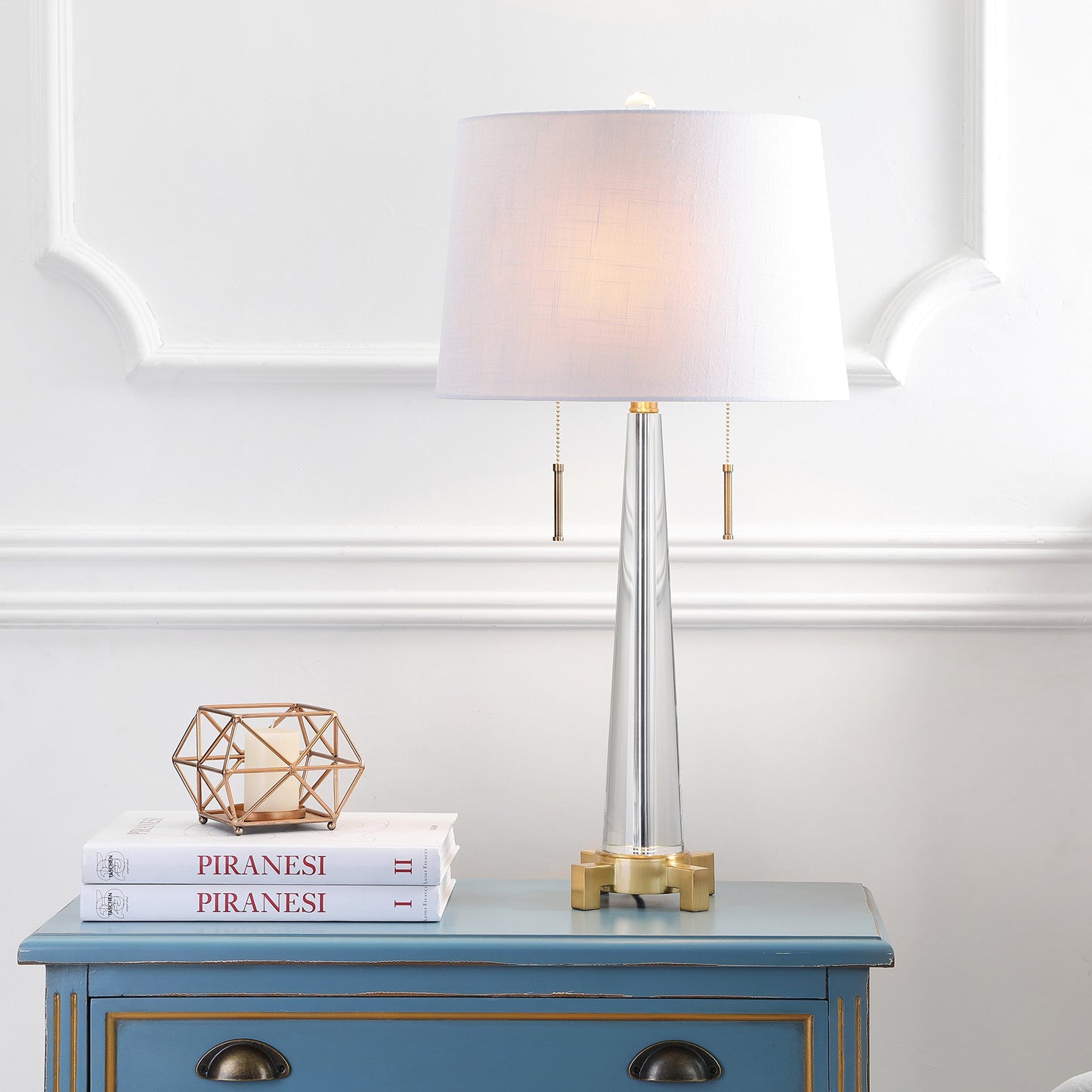 JONATHAN Y 29.5" Clear/Brass Gold 2-Light Crystal LED Table Lamp, Contemporary Glam Bedside Lamp for Living Room, White Linen Drum Shade, Pull Chain, LED Bulbs Included JYL2018A