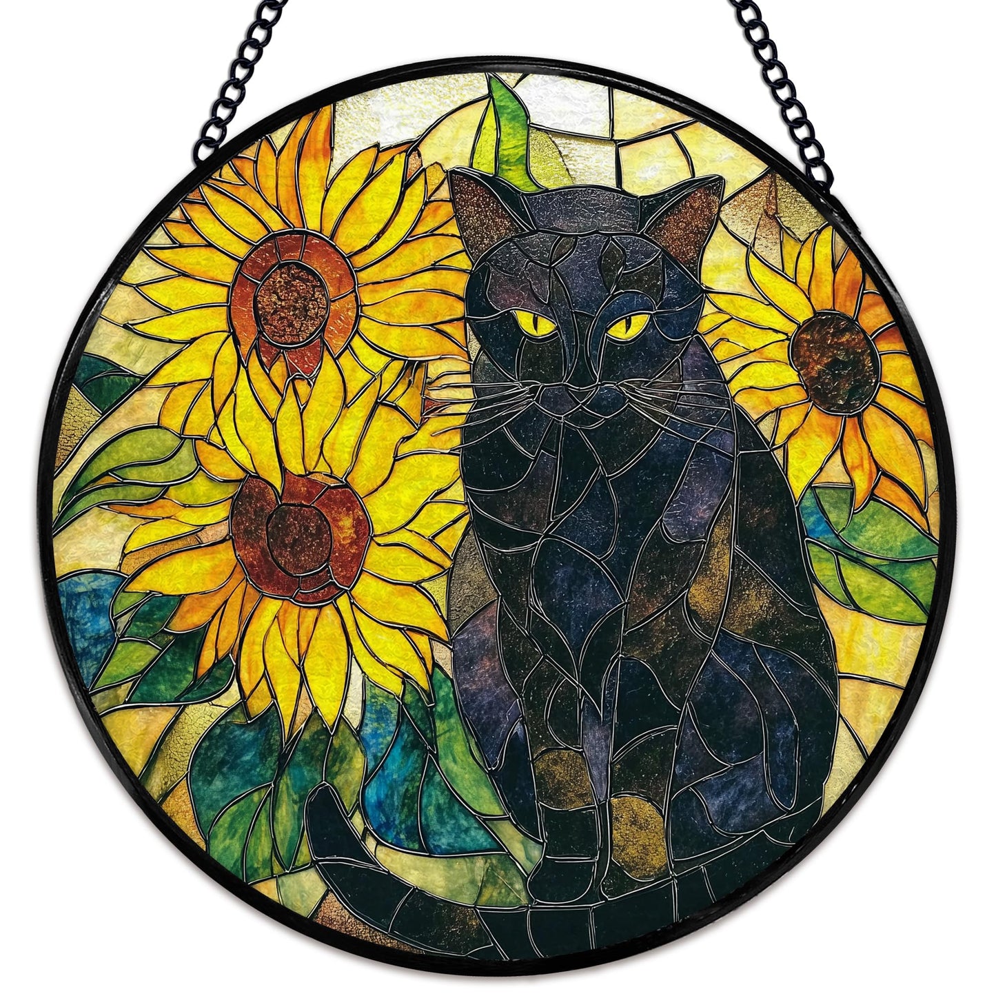 Hiuwevt Black Cat Sunflower Suncatcher Stained Glass Window Hanging, Cat Flower Sun Catchers Indoor Window Glass Wall Art Decor, Black Kitten Sunflower Round Wall Hanging Decorations, 7.9x7.9 inch