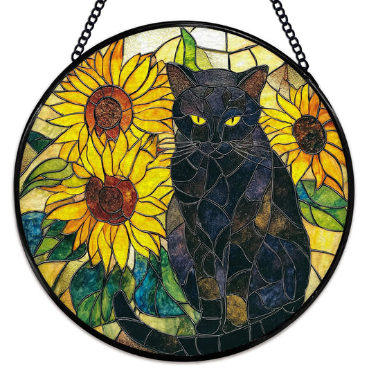 Hiuwevt Black Cat Sunflower Suncatcher Stained Glass Window Hanging, Cat Flower Sun Catchers Indoor Window Glass Wall Art Decor, Black Kitten Sunflower Round Wall Hanging Decorations, 7.9x7.9 inch