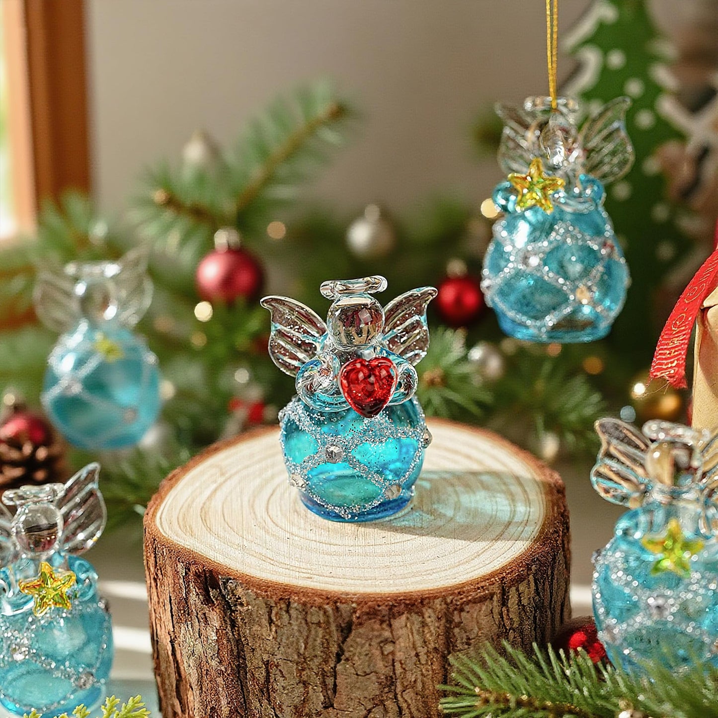 Mini Glass Angel Christmas Ornaments for Tree, Set of 12 1.6" Small Crystal Guardian Angel Ornament Bulk for Christmas Tree, 2025 Hand Blown Spun Glass Home Decor Xmas Gift (Blue)