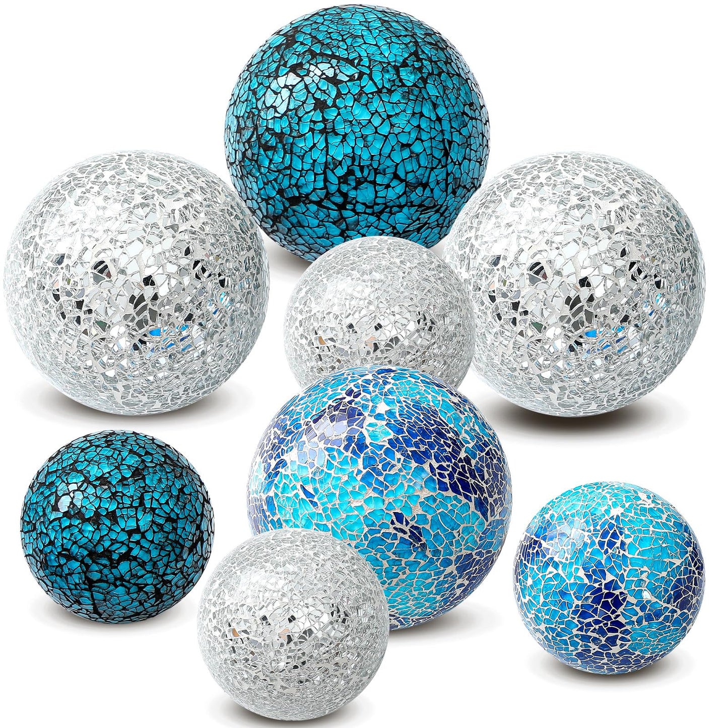 Qinyoung White 8 Pcs Decorative Ball for Bowls, 3'' 4'' Glass Mosaic Sphere Decorative Orbs for Centerpiece Bowls Vase Fillers, Wedding, Party, Coffee Table & Home Decor (Blue,Cyan)