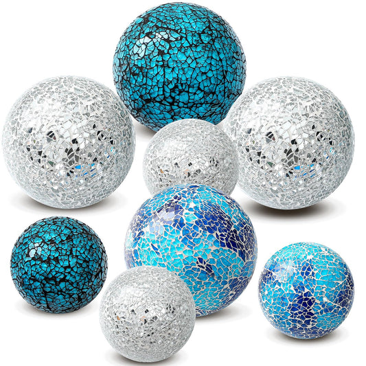 Qinyoung White 8 Pcs Decorative Ball for Bowls, 3'' 4'' Glass Mosaic Sphere Decorative Orbs for Centerpiece Bowls Vase Fillers, Wedding, Party, Coffee Table & Home Decor (Blue,Cyan)