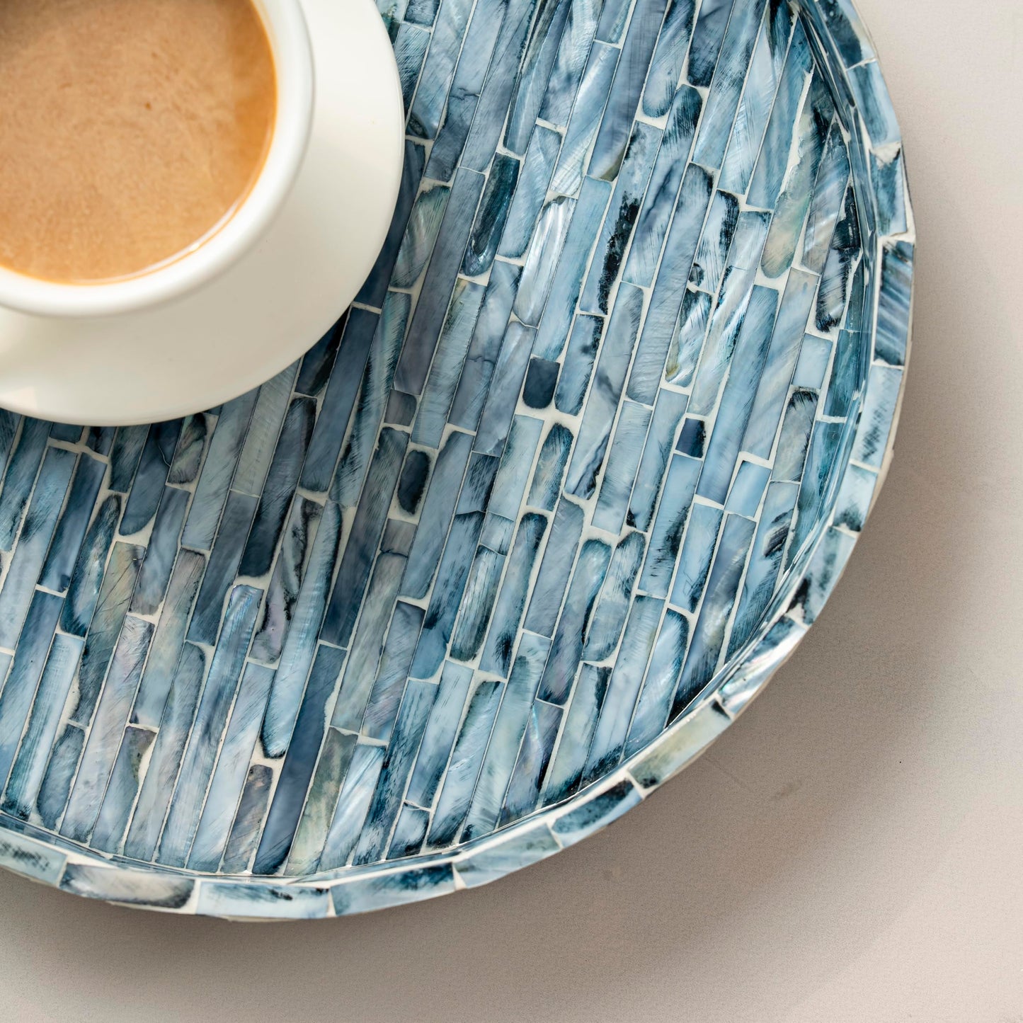 PEMAR Mother of Pearl Decorative Round Tray, 11-Inch Handmade Mosaic Inlay Vanity Tray for Dresser, Coffee Table & Bathroom Decor - Luxury Small Serving Tray for Jewelry, Perfume & Candles (Dark Blue)