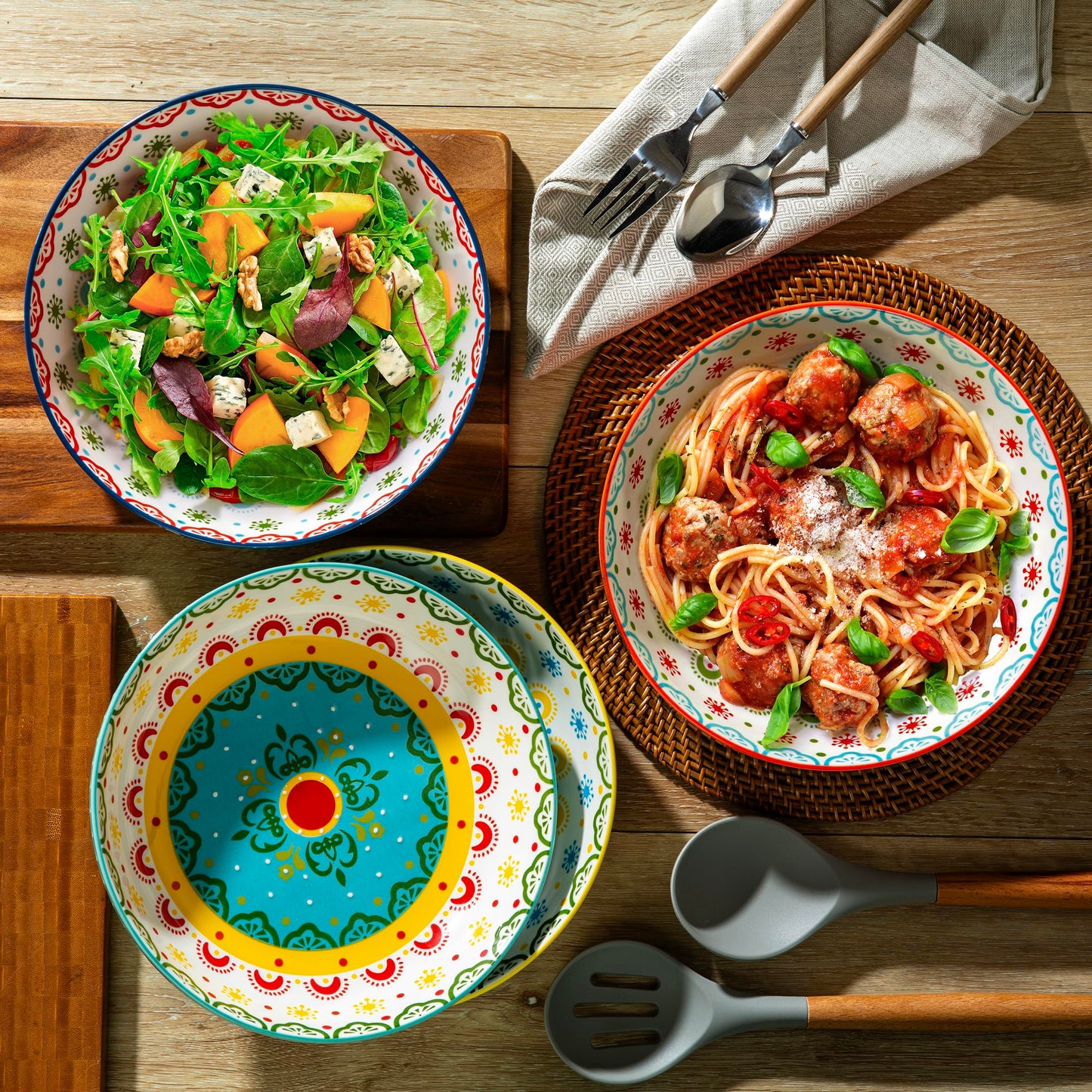 Signature Housewares Morocco 36 OZ Shallow Dinner Bowls/Deep Plates Perfect for Spaghetti and Salads - Set of 4 - Large Ceramic Bowls - Colorful Handpainted Pasta Bowls -