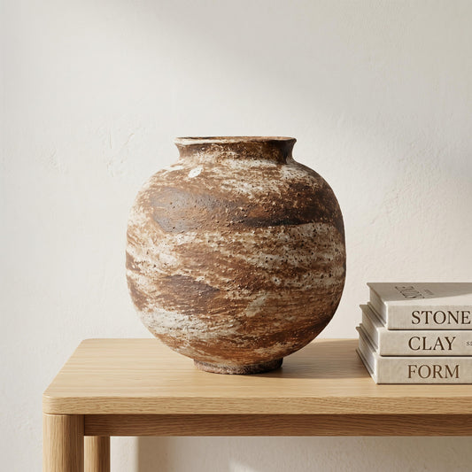 Large Round Ceramic Vase, Rustic Farmhouse Flower Vase - Handmade Clay Pottery Vase for Home Decor, Distressed Vintage Terracotta Planter Living Room, Shelf Decor, Enterway (Dark Brown, 5.8)