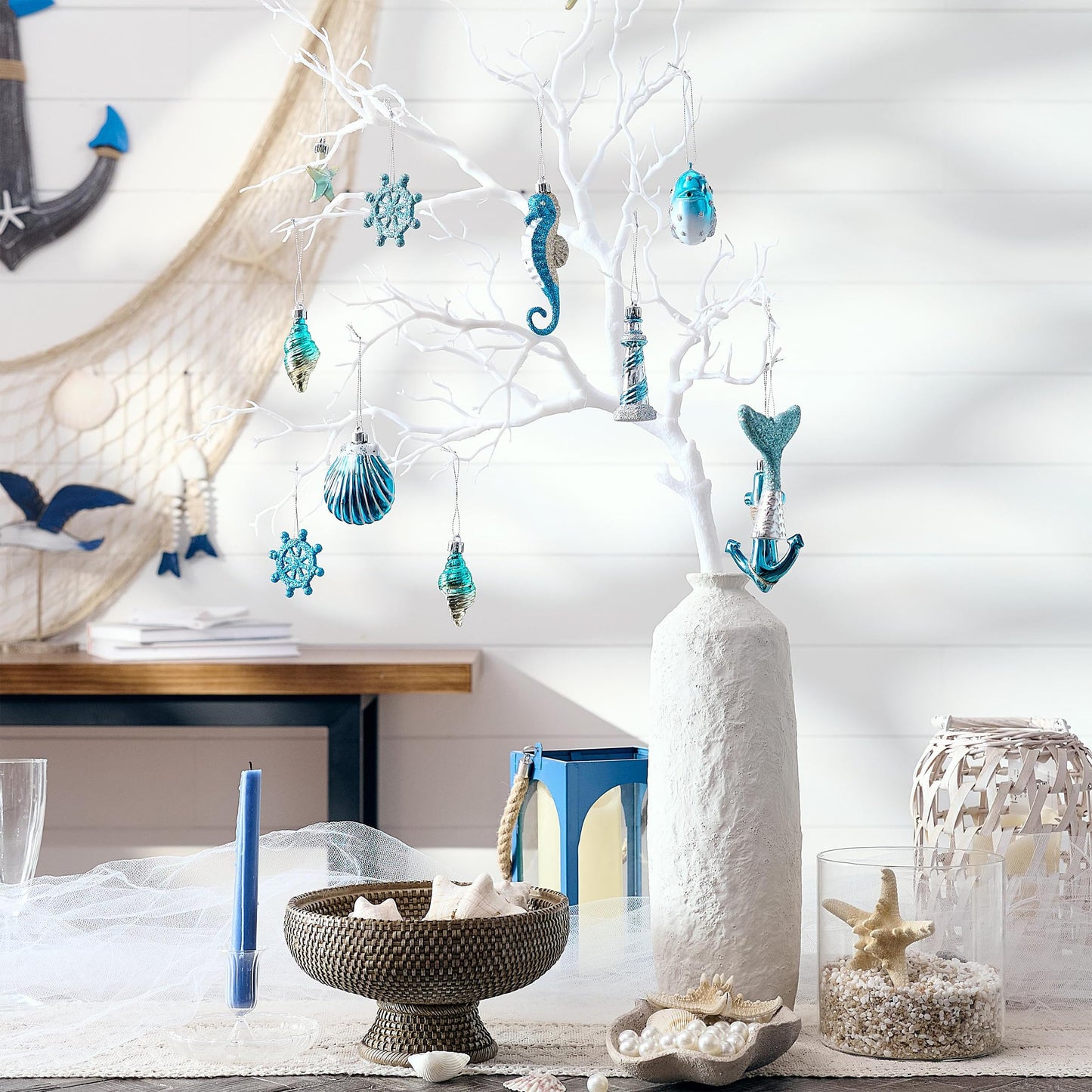 Valery Madelyn Summer Ornaments Tree Decorations Set, 20ct Light Blue and Silver Shatterproof Summer Balls Bulk, Summer Beach Coastal Ocean Nautical Marine Hanging Seafair Xmas Holiday Decor