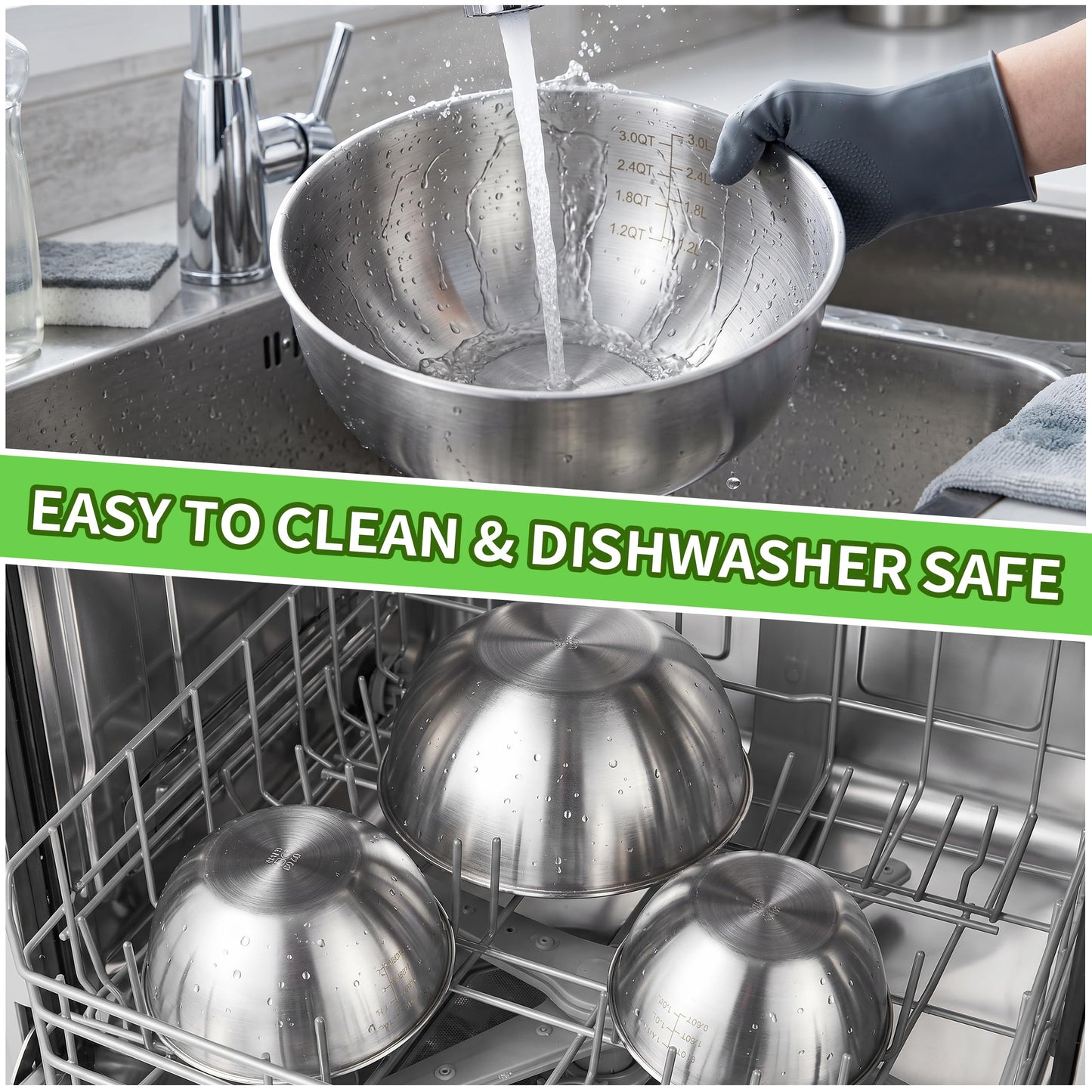 Bitwav 304 Stainless Steel Mixing Bowls Set of 5, 1.1/1.6/1.9/2.5/3.5 QT Food Grade Metal Bowls with Measurement Marks, Dishwasher Safe & Stackable Nesting for Baking, Salads, Meal Prep, RV & Camping