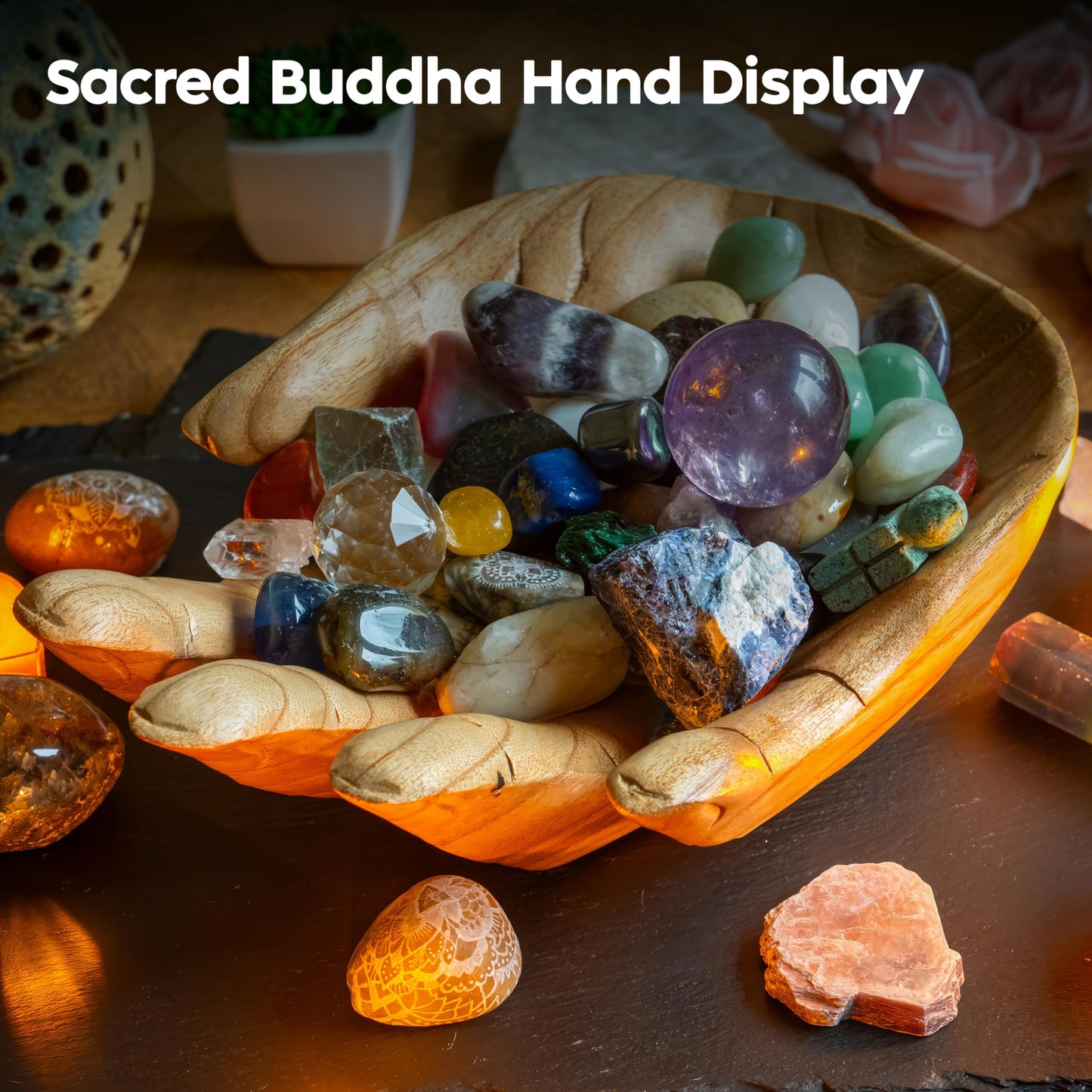 Curawood Buddha Hand Bowl for Crystals - Showcase Your Crystals & Healing Stones Beautifully - Crystal Holder for Stones, Rock Display Case, Bowl for Keys, Rock Holder for Display, Crystal Display
