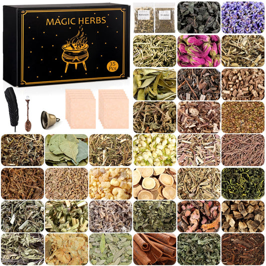35Pcs Dried Herbs for Witchcraft Supplies, Dried Herb Kit for Witch Beginner, Wiccan, Wicca Altar Supplies, Magic Ritual and Spell, Candle and Soap Making, with Witchy Bell and More