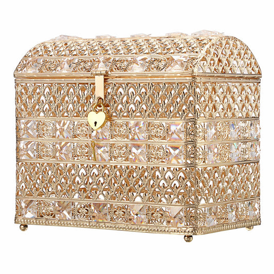 ELLDOO Crystal Wedding Card Box with Heart Lock, Vintage Money Card Box Treasure Chest Style Gold Gift for Wedding Receptions, Centerpiece Decor, Anniversary Keepsake, Gift, Small Size