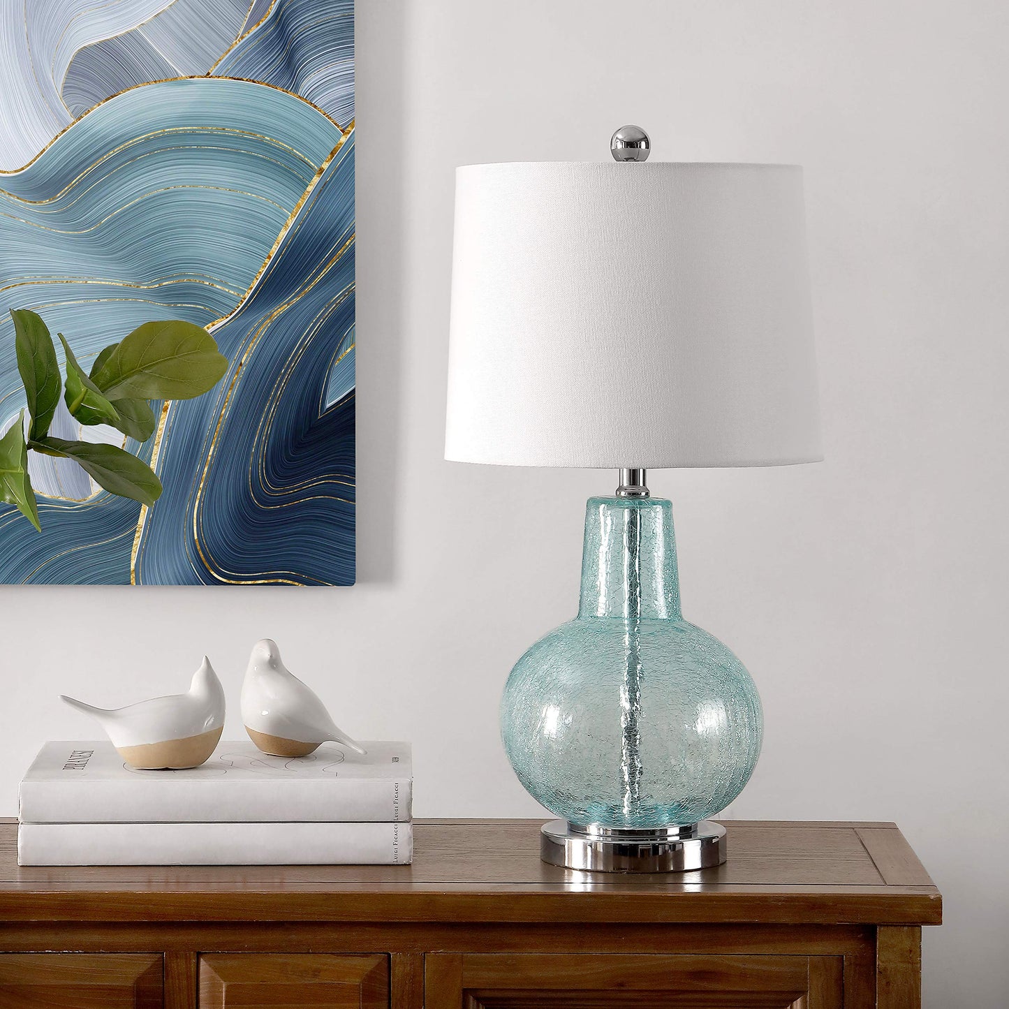 Safavieh Lighting Collection Atlas Blue Crackle/ Light Grey Shade 24-inch Bedroom Living Room Home Office Desk Nightstand Table Lamp (LED Bulb Included)