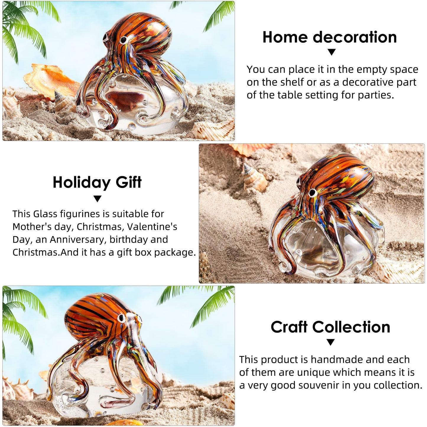 EUSTUMA Hand Blown Glass Octopus Figurine Ornament,Sea Animal Ornament for Fish Tank Aquarium,Sea Animals Collection for Birthday Gift,Glass Office Paperweight for Desk.