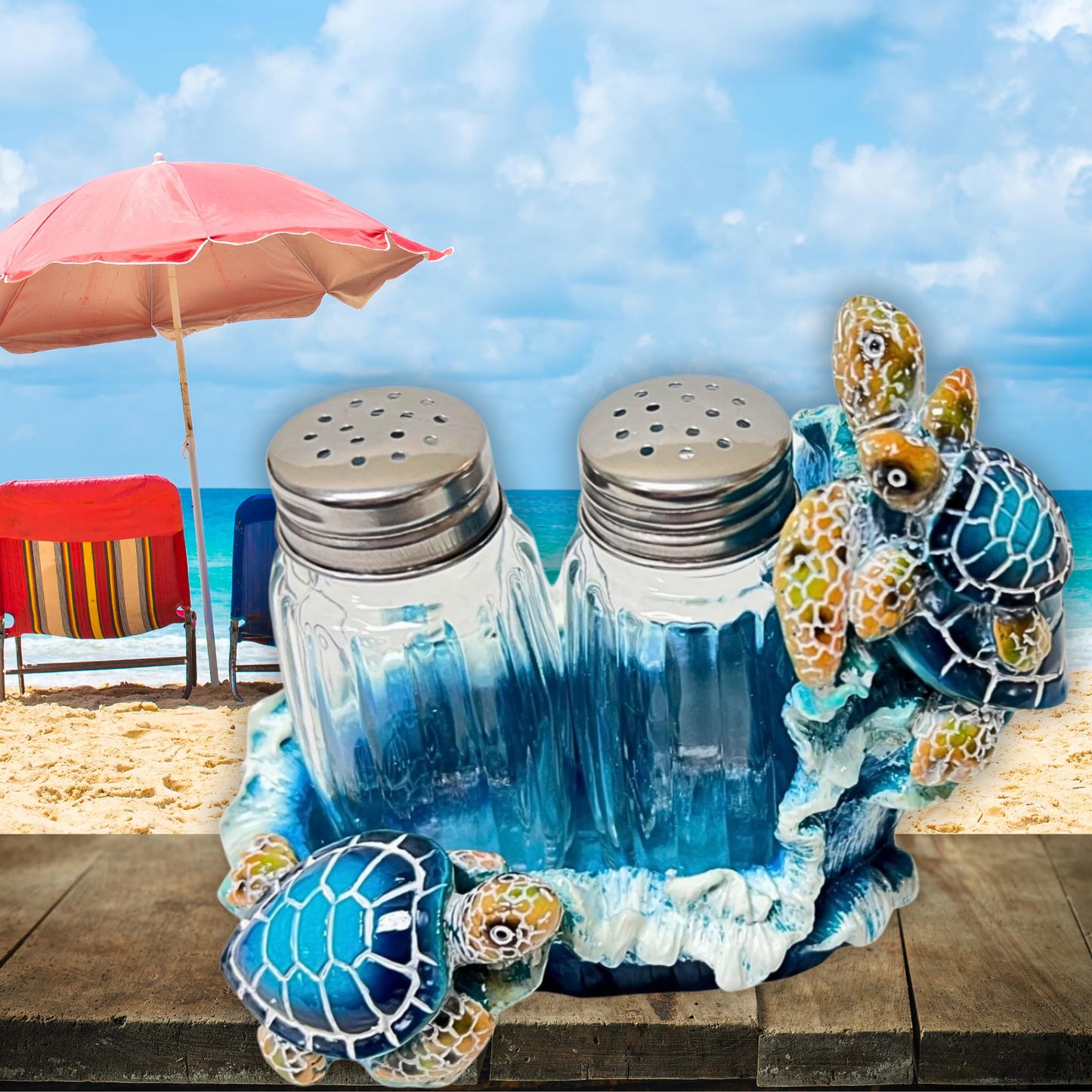 Nautical Sea Turtle Salt and Pepper Shakers Set with Holder for Beach House Interior Style - Coastal Living Room Accents, and Marine Life Theme Decorative Shakers Set