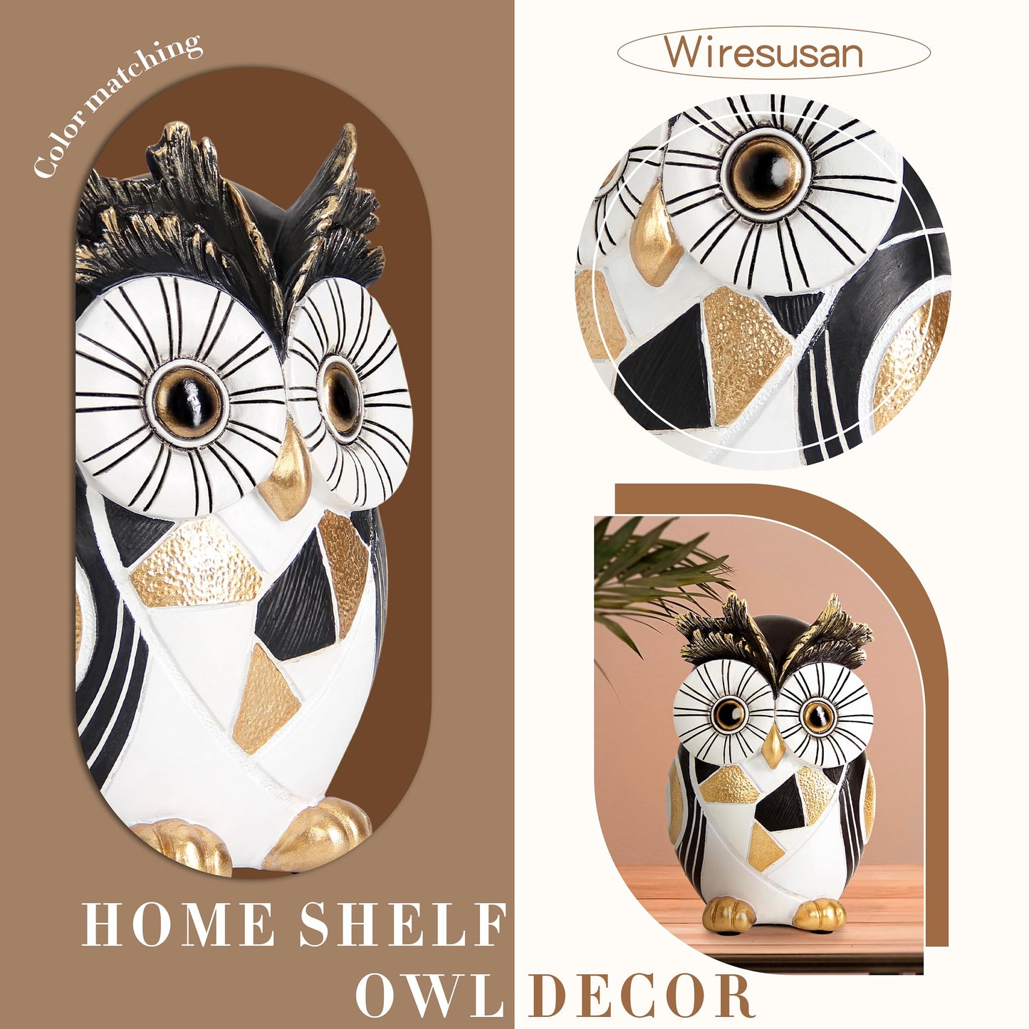 Wiresusan Modern Black and Gold Owl Statue Unique Minimalist Owl Figurine for Home Decor Shelves, Bookshelves, Office Desk Accents Whimsical Animal Sculpture Art Deco Gift for Woman Mom Bird Lovers