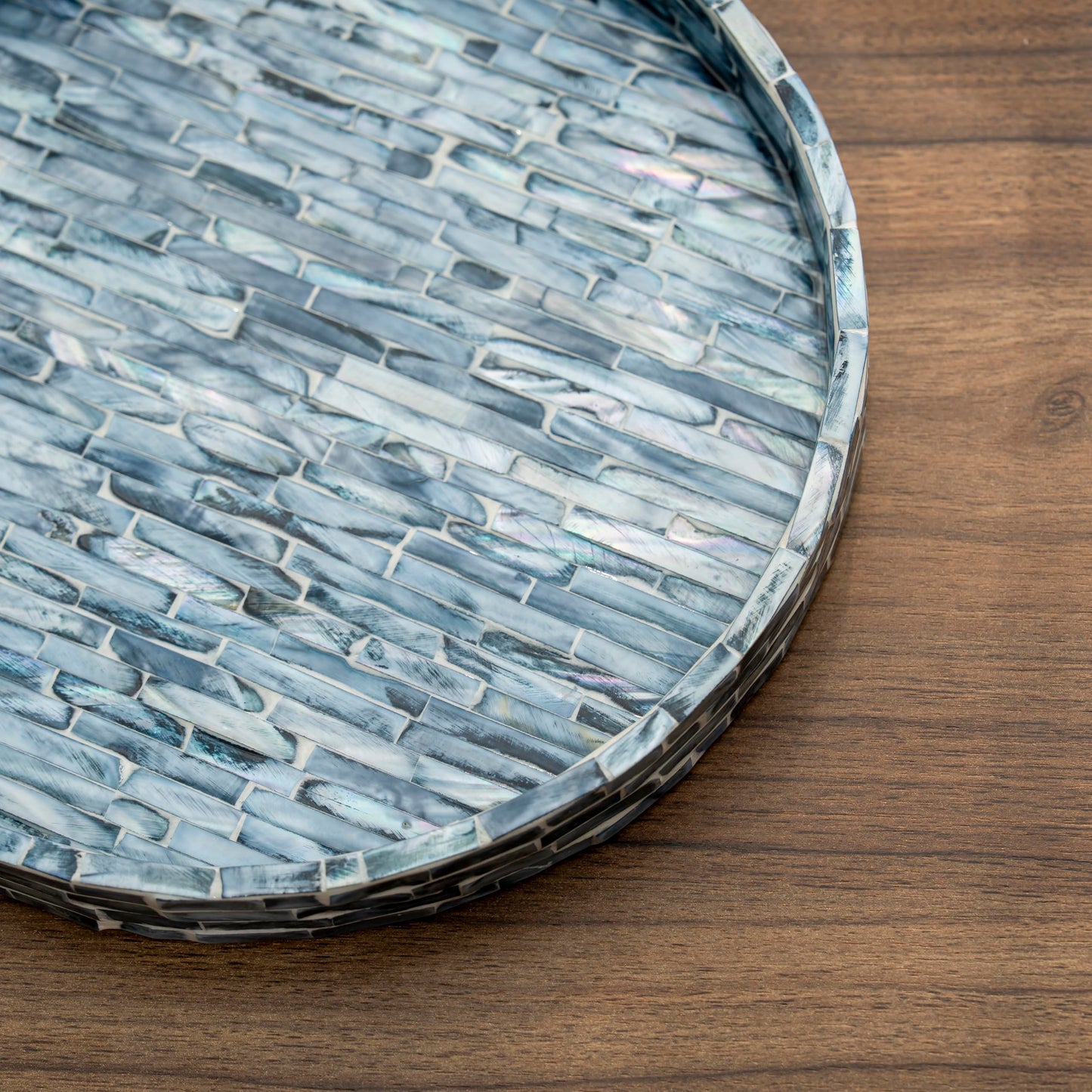 PEMAR Mother of Pearl Decorative Round Tray, 11-Inch Handmade Mosaic Inlay Vanity Tray for Dresser, Coffee Table & Bathroom Decor - Luxury Small Serving Tray for Jewelry, Perfume & Candles (Dark Blue)